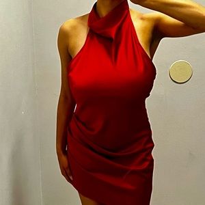 Peyton Ruched Satin Cowl Halter Neck Sleeveless Open Back Dress